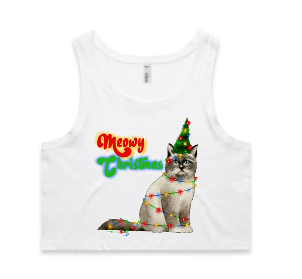 Meowy Christmas Cat with Lights AS Colour Women’s Crop Singlet