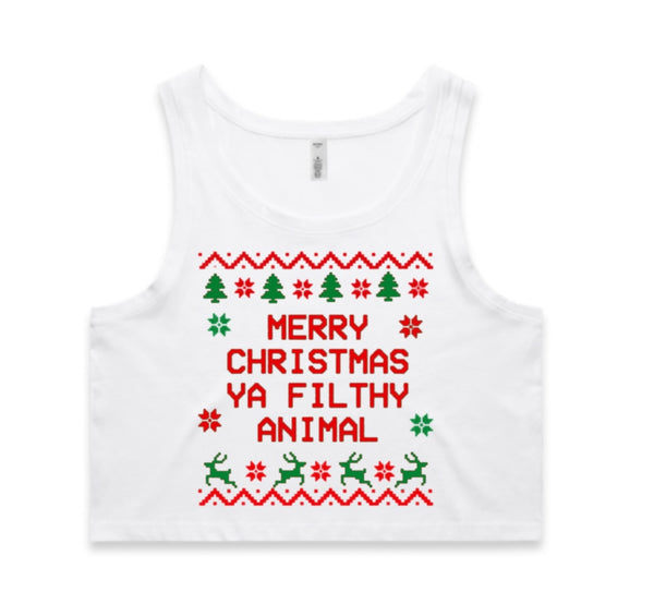 Merry Christmas Ya Filthy Animal Vintage Print AS Colour Women’s Crop Singlet