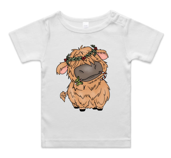Baby Highland Cow with Candy Cane AS Colour Wee Tee