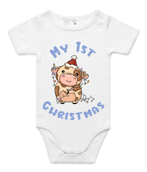 My First Christmas Baby Jersey Cow Blue AS Colour Onesie