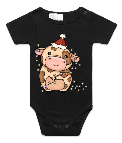 Baby Jersey Lights Christmas Cow AS Colour Onesie