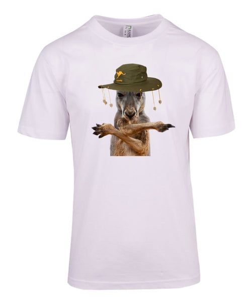 baby or kids white cotton tee shirt with staunch kangaroo roo print